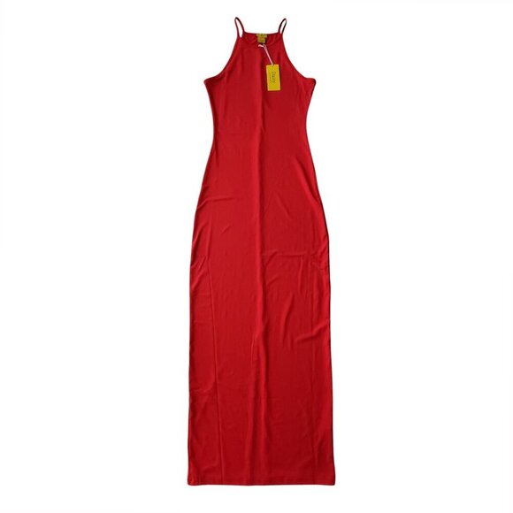 DAISY NWT Cherry Red High Neck Racerback Slit Sexy Maxi Dress BodyCon Size S - Picture 2 of 12